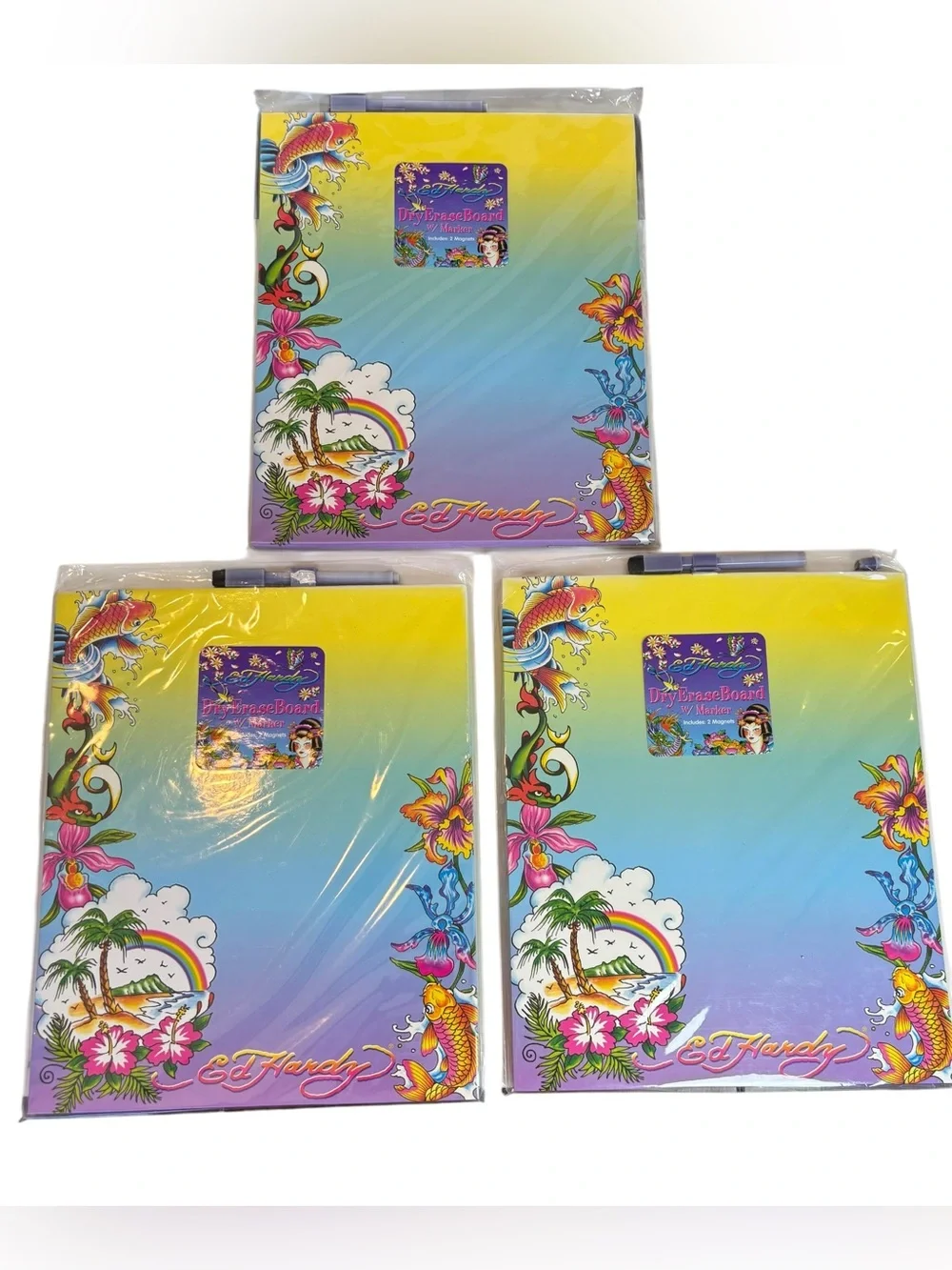 Lot of 3 NEW Ed Hardy Tropical Island Koi Dry Erase Boards Marker Magnets Sealed